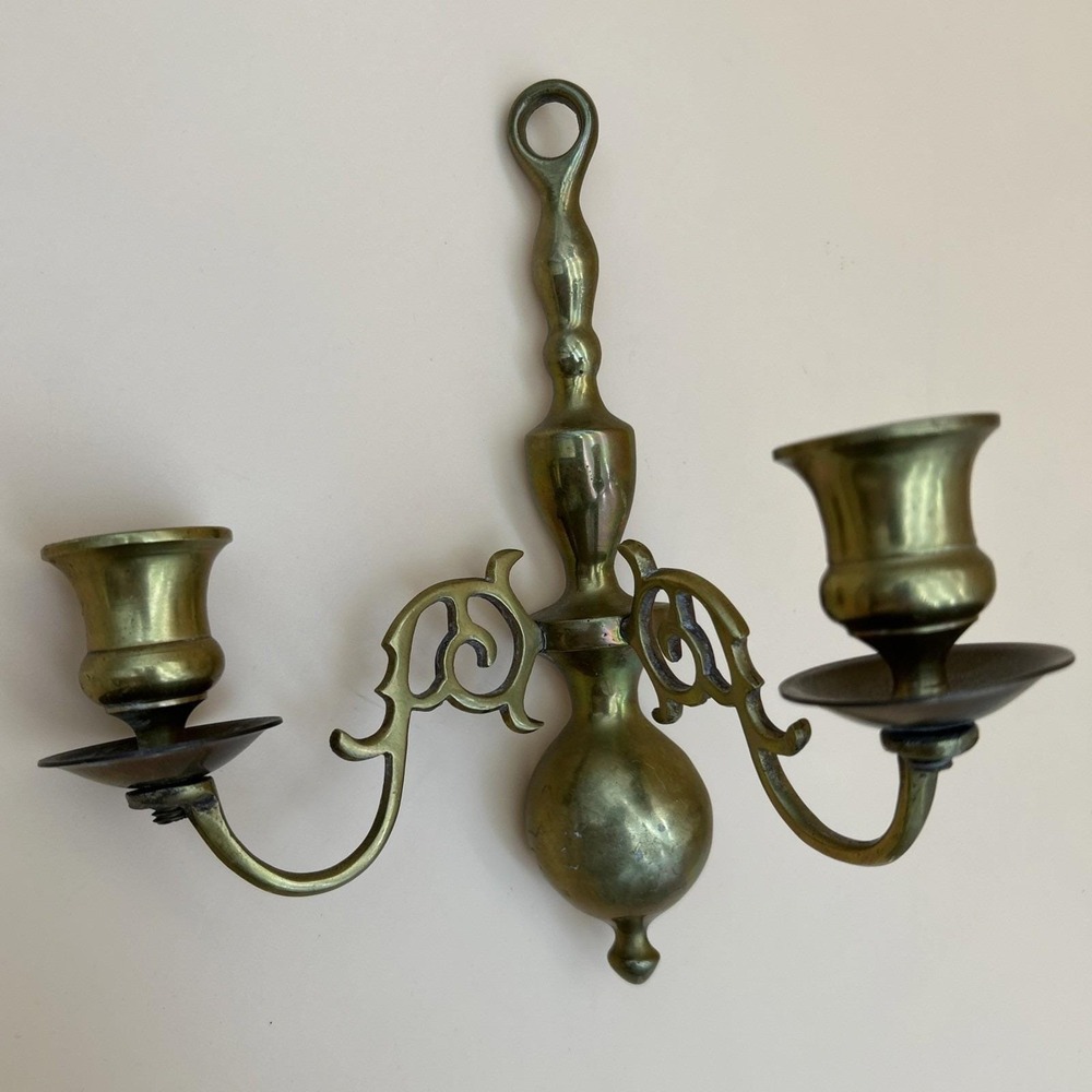 Vintage Solid Brass 2 Arm Candle Holder Wall Mounted Sconce Candelabra 10"